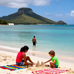 Caribbean Holidays, July Family Holidays, Children building sandcastles beside calm Caribbean water on Tortola, parents nearby, colourful beach towels and green hills in the background
