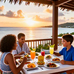 Caribbean Holidays, July Family Holidays, Family dining outdoors at a relaxed Caribbean restaurant at sunset, colourful local dishes, tropical drinks and sea view