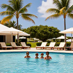 Caribbean Holidays, July Family Holidays, Family enjoying a friendly Saint Lucian resort pool with palm trees, comfortable loungers and tropical surroundings