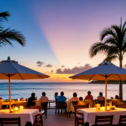 Caribbean Holidays, July Family Holidays, Family enjoying a relaxed Caribbean evening at a waterfront restaurant in St Thomas, colourful sunset and tropical surroundings
