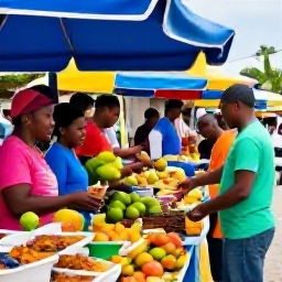 Caribbean Holidays, July Family Holidays, Family exploring a colourful Caribbean island market with local food, tropical fruit, friendly people and vibrant stalls