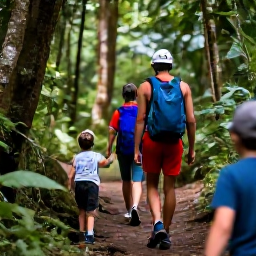 Caribbean Holidays, July Family Holidays, Family exploring the green rainforest of Saint Lucia on an easy guided nature trail near a waterfall