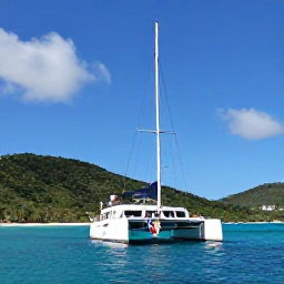 Caribbean Holidays, July Family Holidays, Family sailing excursion on a catamaran between the green islands of the United States Virgin Islands, sunny Caribbean sea and blue sky