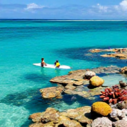 Caribbean Holidays, July Family Holidays, Family snorkelling in clear turquoise water beside a colourful coral reef in the Turks and Caicos Islands