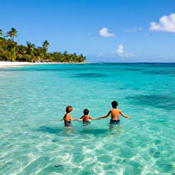 Caribbean Holidays, July Family Holidays, Family snorkelling in clear turquoise water beside a sheltered Saint Lucia beach, with colourful fish visible below