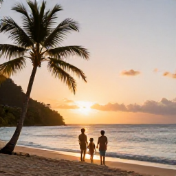 Caribbean Holidays, July Family Holidays, Family watching the sunset over the Caribbean Sea from a Saint Lucia beach, with warm evening light and palm silhouettes