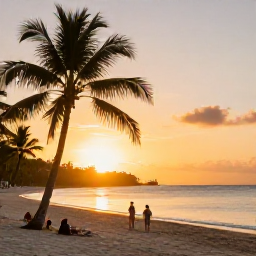 Caribbean Holidays, July Family Holidays, Golden Caribbean sunset over a peaceful beach with a family watching from the sand, palm silhouettes and warm evening light