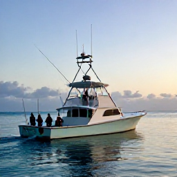 Caribbean Holidays, July Fishing, A deep-sea fishing boat leaving the coast of Trinidad at sunrise, calm tropical sea, anglers preparing their rods