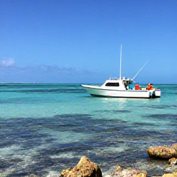 Caribbean Holidays, July Fishing, A family-friendly fishing boat over clear shallow water beside a coral reef in Turks and Caicos