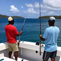 Caribbean Holidays, July Fishing, A friendly fishing charter crew preparing rods and tackle on a boat in a sunny British Virgin Islands harbour