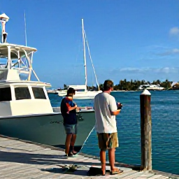Caribbean Holidays, July Fishing, A local fishing guide preparing tackle beside a boat at a Turks and Caicos marina on a sunny July morning