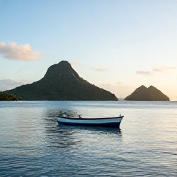 Caribbean Holidays, July Fishing, A small fishing boat on calm blue Caribbean water near Saint Vincent and the Grenadines at sunrise, with green volcanic islands in the background