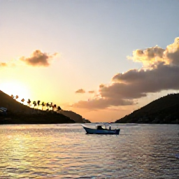 Caribbean Holidays, July Fishing, A small fishing boat returning to a peaceful British Virgin Islands harbour at sunset, with palm-fringed hills and calm Caribbean water