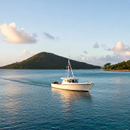 Caribbean Holidays, July Fishing, A small sport-fishing boat heading out at sunrise from a Caribbean harbour in the United States Virgin Islands, calm turquoise sea and green islands in the background