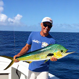 Caribbean Holidays, July Fishing, Angler fighting a powerful mahi-mahi from a sport-fishing boat in deep blue Caribbean water near the British Virgin Islands
