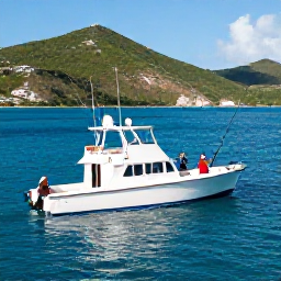 Caribbean Holidays, July Fishing, Anglers aboard a modern charter boat near Saint Martin, reeling in a fish with green hills and blue sea in the background