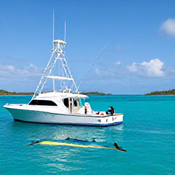 Caribbean Holidays, July Fishing, Anglers catching a colourful mahi-mahi beside a modern fishing charter boat in the clear blue waters near St Thomas, United States Virgin Islands
