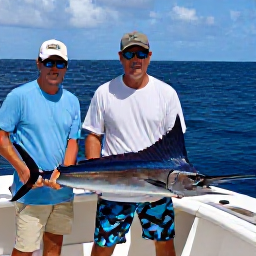 Caribbean Holidays, July Fishing, Anglers catching a powerful blue marlin from a sport-fishing boat off the Turks and Caicos Islands