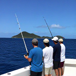 Caribbean Holidays, July Fishing, Anglers enjoying a deep sea fishing trip near Saint Barth&eacute;lemy, with blue ocean, fishing rods and distant green islands