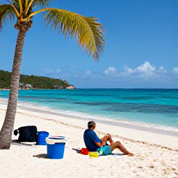 Caribbean Holidays, July Fishing, Anglers relaxing on a sunny Caribbean beach beside fishing gear, with palm trees and clear water on St John in the United States Virgin Islands