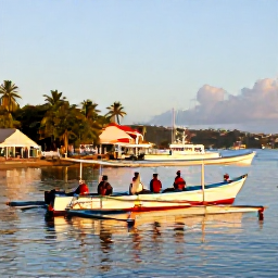 Caribbean Holidays, July Fishing, Anglers returning to a colourful Caribbean harbour in Saint Vincent and the Grenadines, with traditional boats, palm trees and calm evening light