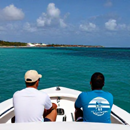 Caribbean Holidays, July Fishing Cura&ccedil;ao, Anglers relaxing on a shaded charter boat after fishing, with Cura&ccedil;ao&rsquo;s bright coastline and turquoise water in the background