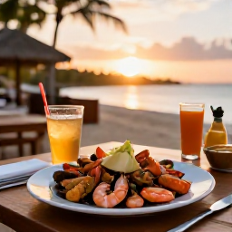 Caribbean Holidays, July Fishing Cura&ccedil;ao, Freshly prepared Caribbean seafood served at a relaxed seaside restaurant in Cura&ccedil;ao at sunset