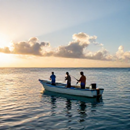 Caribbean Holidays, July Fishing Cura&ccedil;ao, Small fishing boat on the clear blue Caribbean Sea near Cura&ccedil;ao at sunrise, with anglers preparing their lines