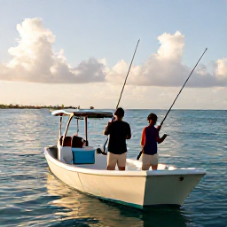Caribbean Holidays, July Fishing, Friendly local fishing guide helping holidaymakers with rods on a Trinidad and Tobago charter boat, tropical coastline and gentle morning light