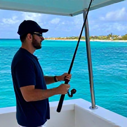 Caribbean Holidays, July Fishing, Friendly local fishing guide preparing rods and tackle on a shaded boat deck, with St Croix coastline visible across the Caribbean sea