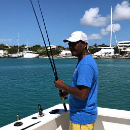 Caribbean Holidays, July Fishing, Friendly local fishing guide preparing rods on a charter boat in a marina on Sint Maarten