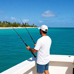 Caribbean Holidays, July Fishing, Friendly local skipper helping holidaymakers with fishing rods on a bright Caribbean boat, with turquoise water and a tropical island shoreline