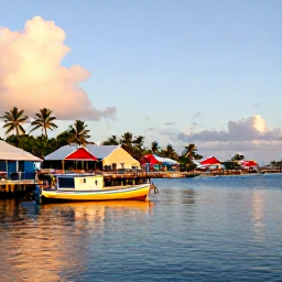 Caribbean Holidays, July Fishing, Quiet tropical fishing village and harbour in Tobago at golden hour, colourful boats, palm trees and calm Caribbean water