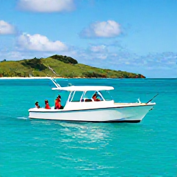 Caribbean Holidays, July Fishing, Sport fishing boat travelling across clear Caribbean water beside the Grenadine islands, with anglers preparing rods and distant green hills
