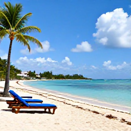 Caribbean Holidays, July Holidays, A beautiful Caribbean beach on Saint Martin with calm turquoise water, sun loungers and palm trees under a bright July sky