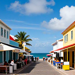 Caribbean Holidays, July Holidays, A colourful waterfront street in Philipsburg, Sint Maarten, with shops, cafes and visitors exploring beside the Caribbean sea
