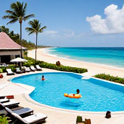 Caribbean Holidays, July Holidays, A comfortable Caribbean all-inclusive resort in July, with guests relaxing beside a swimming pool overlooking a sandy beach
