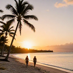 Caribbean Holidays, July Holidays, A couple walking along a quiet sandy beach on Nevis at sunset, with palm trees and calm Caribbean water