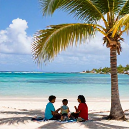 Caribbean Holidays, July Holidays, A friendly family enjoying a shaded picnic beside a Caribbean beach on St Croix, with palm trees, calm water and bright tropical scenery