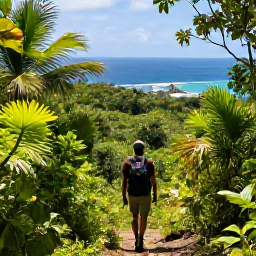 Caribbean Holidays, July Holidays, A hiker walking through tropical forest in Virgin Islands National Park on St John, with a coastal viewpoint and blue sea in the distance