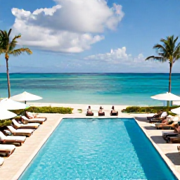 Caribbean Holidays, July Holidays, A stylish all-inclusive resort pool overlooking the Caribbean Sea on Saint Kitts, with loungers, palm trees and guests relaxing
