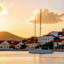 Caribbean Holidays, July Holidays, A sunset over Charlotte Amalie harbour on St Thomas in July, with sailboats, pastel buildings and tropical hills