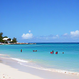 Caribbean Holidays, July Holidays, Clear turquoise sea, sandy beach and snorkellers exploring a calm bay on Saint Martin in July sunshine