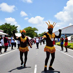 Caribbean Holidays, July Holidays, Colourful street parade in Basseterre, Saint Kitts, with masquerade dancers, musicians and local spectators in July sunshine