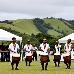 Caribbean Holidays, July Holidays, Traditional Caribbean drummers and dancers performing at an outdoor cultural celebration on Nevis, surrounded by green hills