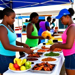 Caribbean Holidays, July Holidays, Visitors enjoying a colourful outdoor Caribbean food market in Saint Kitts, with grilled seafood, local dishes and fresh tropical fruit
