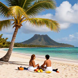 Caribbean Holidays, July Honeymoons, A couple enjoying a secluded beach picnic on Nevis, with palm trees, turquoise sea, fresh tropical fruit and distant volcanic hills