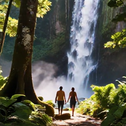 Caribbean Holidays, July Honeymoons, A couple exploring lush rainforest in Tobago, walking beneath tall trees near a waterfall with dappled sunlight