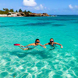 Caribbean Holidays, July Honeymoons, A couple snorkelling in clear Caribbean water near Saint Barth&eacute;lemy, colourful fish below and a rocky tropical coastline in the background