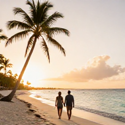 Caribbean Holidays, July Honeymoons, A couple walking hand in hand along a quiet Caribbean beach at sunset in July, with palm trees, warm golden light and calm turquoise water